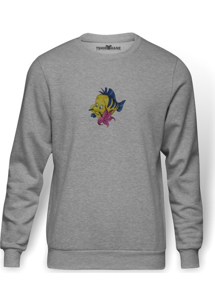 Küçük Denizkızı Pisi Balığı Küçük Deniz Baskılı Gri Erkek Örme Sweatshirt Uzun Kol