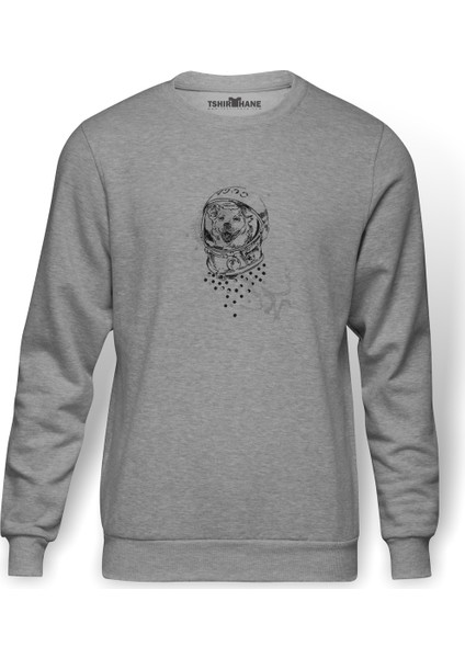 Laika First Dog In Space T Baskılı Gri Erkek Örme Sweatshirt Uzun Kol