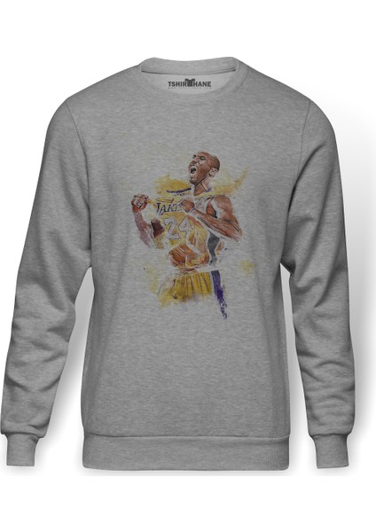 Lakers Basket Oyuncusu Basketbol Baskılı Gri Erkek Örme Sweatshirt Uzun Kol
