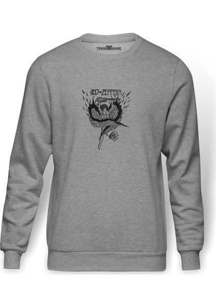 Led Zeppelin Icarus Baskılı Gri Erkek Örme Sweatshirt Uzun Kol