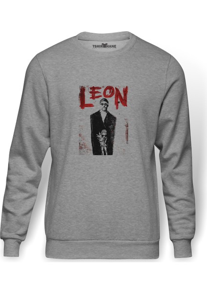 Leon Mathilda Retro Movie Baskılı Gri Erkek Örme Sweatshirt Uzun Kol