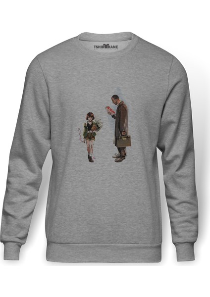 Leon Mathilda Baskılı Gri Erkek Örme Sweatshirt Uzun Kol