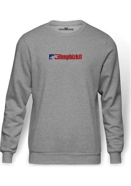 Limp Bizkit Logo Baskılı Gri Erkek Örme Sweatshirt Uzun Kol