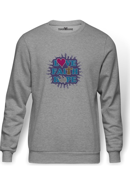 Love Faıth Hope Baskılı Gri Erkek Örme Sweatshirt Uzun Kol