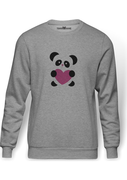 Love Panda Baskılı Gri Erkek Örme Sweatshirt Uzun Kol