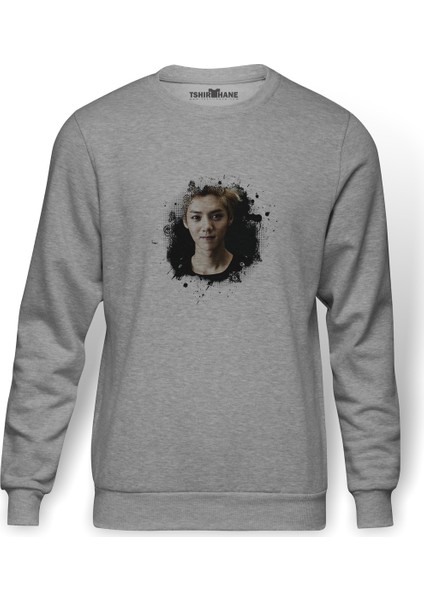 Luhan Exo Koreli K Pop Music Baskılı Gri Erkek Örme Sweatshirt Uzun Kol