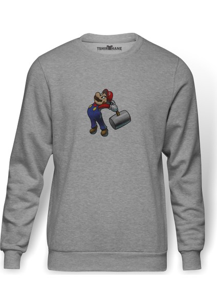 Mario Luigi Bowsers Inside Story Bowser Baskılı Gri Erkek Örme Sweatshirt Uzun Kol