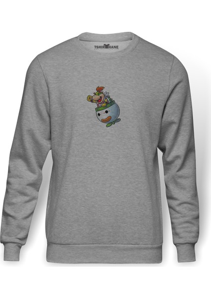 Mario Luigi Bowsers Inside Story Bowser Baskılı Gri Erkek Örme Sweatshirt Uzun Kol