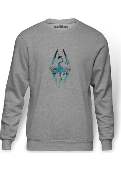 Minimalism Skyrim Background Metal Rock Music Baskılı Gri Erkek Örme Sweatshirt Uzun Kol