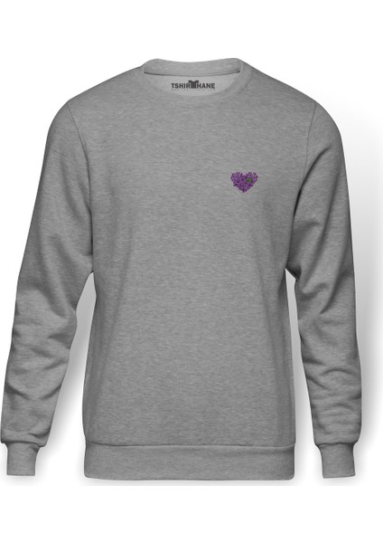 Mor Leylak Çiçeği Illüstrasyon Leylak Mor Baskılı Gri Erkek Örme Sweatshirt Uzun Kol