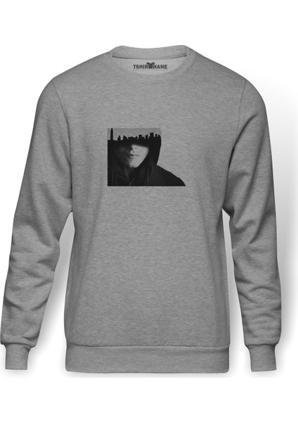 Mr Robot Baskılı Gri Erkek Örme Sweatshirt Uzun Kol