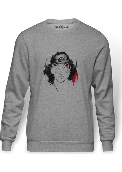 Naruto Itachı Uchıha Baskılı Gri Erkek Örme Sweatshirt Uzun Kol