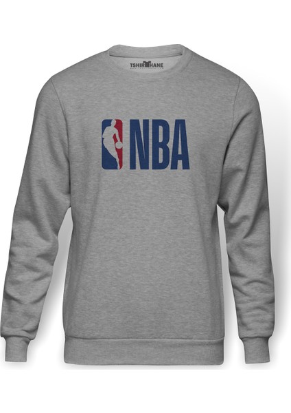 Nba Logoman Word Baskılı Gri Erkek Örme Sweatshirt Uzun Kol