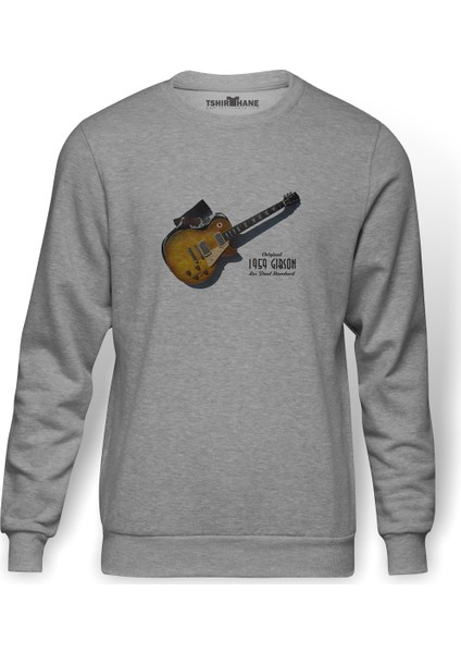 Original 1959 Les Paul Standard Baskılı Gri Erkek Örme Sweatshirt Uzun Kol