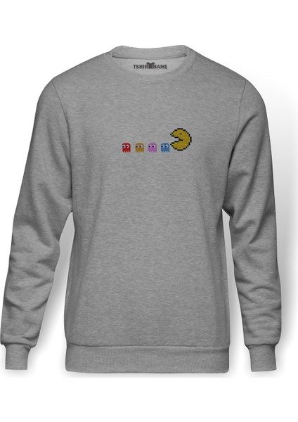 Pac Man Baskılı Gri Erkek Örme Sweatshirt Uzun Kol