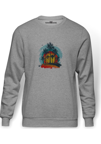 Palmiye Ağaçları Malibu Soyut Alacakaranlıkta Ada Baskılı Gri Erkek Örme Sweatshirt Uzun Kol
