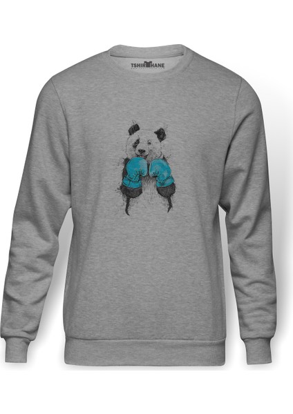 Panda Boxing Sketch Baskılı Gri Erkek Örme Sweatshirt Uzun Kol