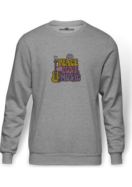Peace Love Musıc Guıtar Bırd Rockt Baskılı Gri Erkek Örme Sweatshirt Uzun Kol
