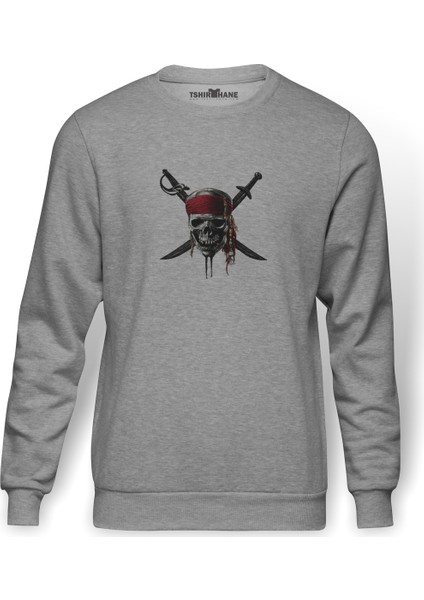Pirates Of Caribbean Kurukafa Cpt Sparrow Baskılı Gri Erkek Örme Sweatshirt Uzun Kol