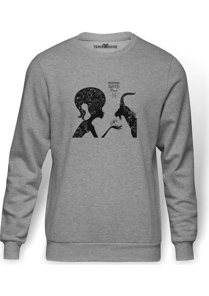 Pisces Baskılı Gri Erkek Örme Sweatshirt Uzun Kol