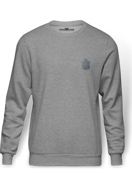 Rick Cep Baskılı Gri Erkek Örme Sweatshirt Uzun Kol