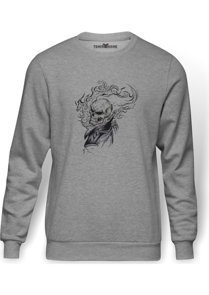Rider Kurukafa Ghost Rider Baskılı Gri Erkek Örme Sweatshirt Uzun Kol