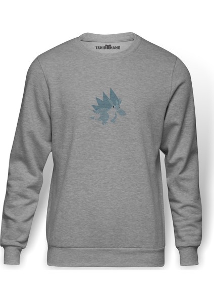 Sandslash Baskılı Gri Erkek Örme Sweatshirt Uzun Kol