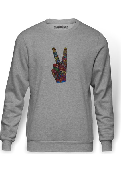 Savaş Değil Barış Işareti Seviyorum 1960'Larda Baskılı Gri Erkek Örme Sweatshirt Uzun Kol