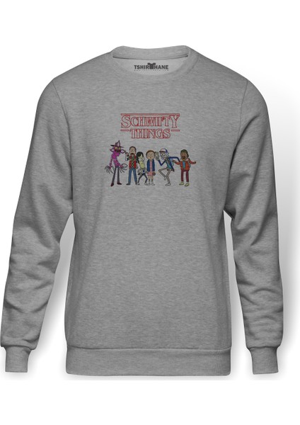 Schwifty Things On The Upside Time Baskılı Gri Erkek Örme Sweatshirt Uzun Kol