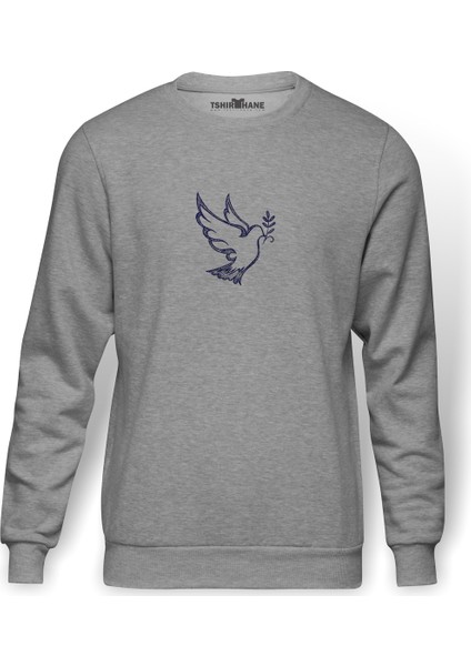 Semboller Olarak Güvercinler Kutsal Ruh Espiritu Baskılı Gri Erkek Örme Sweatshirt Uzun Kol