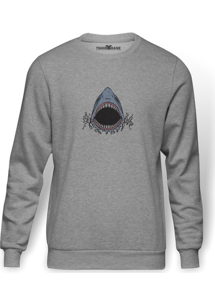 Shark Attack Baskılı Gri Erkek Örme Sweatshirt Uzun Kol