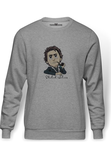 Sherlock Homes Baskılı Gri Erkek Örme Sweatshirt Uzun Kol