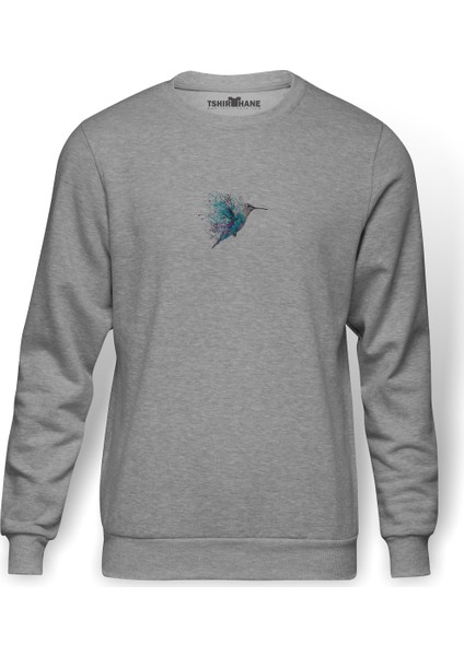 Sinek Kuşu Dövme Sanatı Boyama Suluboya Baskılı Gri Erkek Örme Sweatshirt Uzun Kol