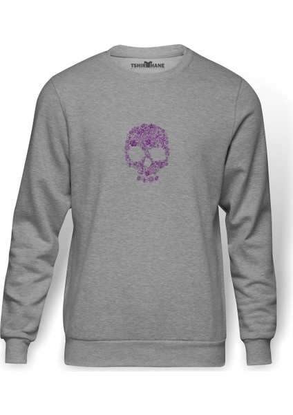 Skull Kurukafa Baskılı Gri Erkek Örme Sweatshirt Uzun Kol