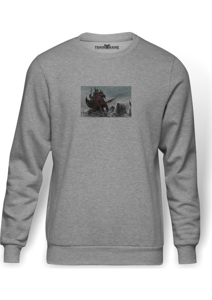 Skyrim Epic Baskılı Gri Erkek Örme Sweatshirt Uzun Kol