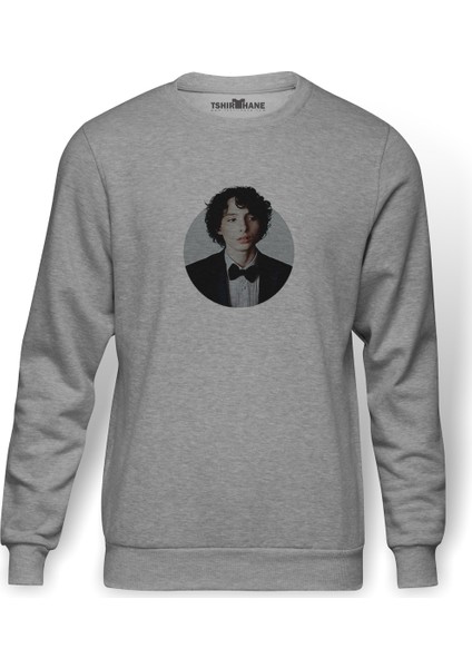 Stranger Things Finn Baskılı Gri Erkek Örme Sweatshirt Uzun Kol
