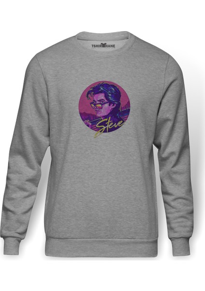 Stranger Things Steve Baskılı Gri Erkek Örme Sweatshirt Uzun Kol