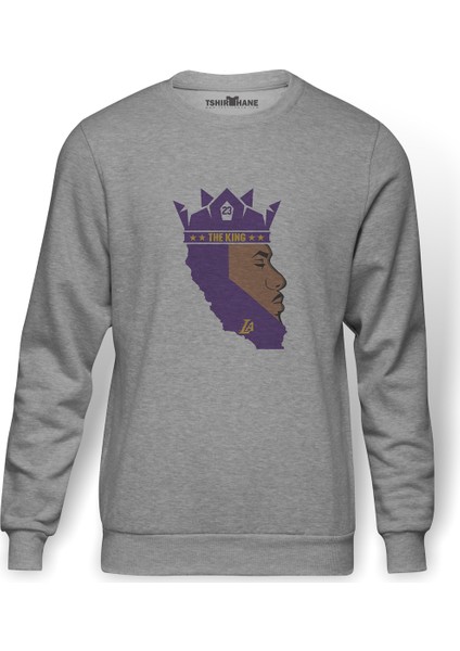 The King 23 La Basketbol Baskılı Gri Erkek Örme Sweatshirt Uzun Kol