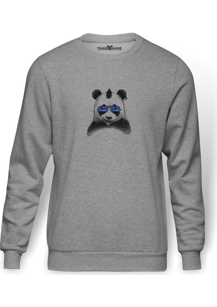 Thor Hummers Neatoshop Dj Punk Panda Baskılı Gri Erkek Örme Sweatshirt Uzun Kol