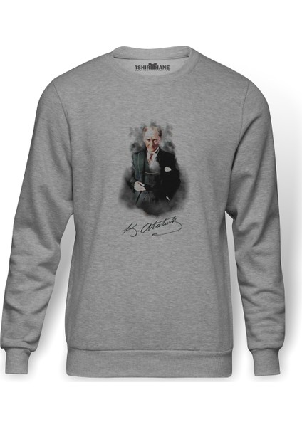 Ulu Önder Mustafa Kemal Atatürk Baskılı Gri Erkek Örme Sweatshirt Uzun Kol