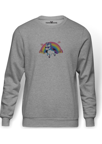 Unicorn Rainbow Baskılı Gri Erkek Örme Sweatshirt Uzun Kol