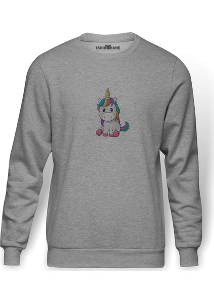 Unicorn Flower Baskılı Gri Erkek Örme Sweatshirt Uzun Kol
