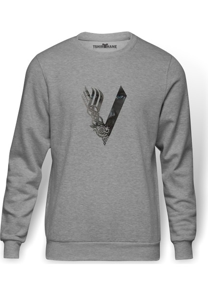 Vikings V Logo Baskılı Gri Erkek Örme Sweatshirt Uzun Kol
