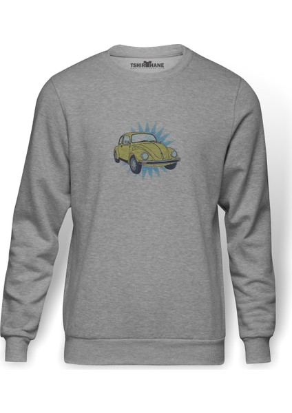 Vosvos Sarı Volkswagen Beetle Baskılı Gri Erkek Örme Sweatshirt Uzun Kol