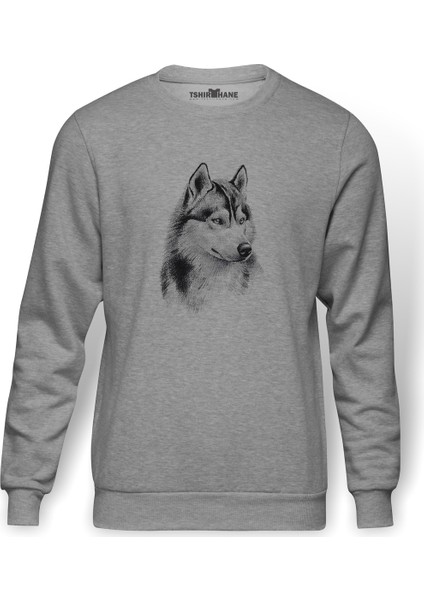 Wolf Kurt Sibirya Köpek Karakalem Çizim Baskılı Gri Erkek Örme Sweatshirt Uzun Kol
