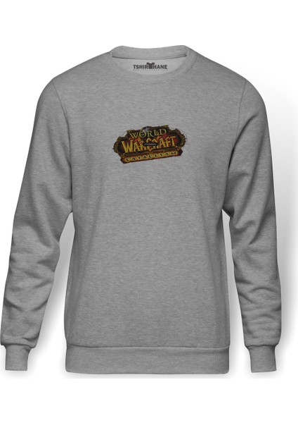 World Of Warcraft Cataclysm Baskılı Gri Erkek Örme Sweatshirt Uzun Kol