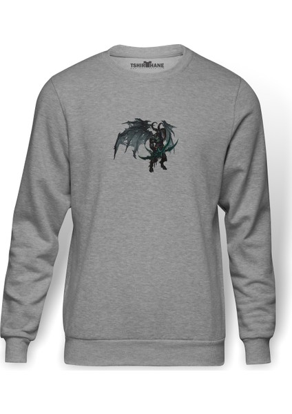 World Of Warcraft Illidan Stormrage Baskılı Gri Erkek Örme Sweatshirt Uzun Kol