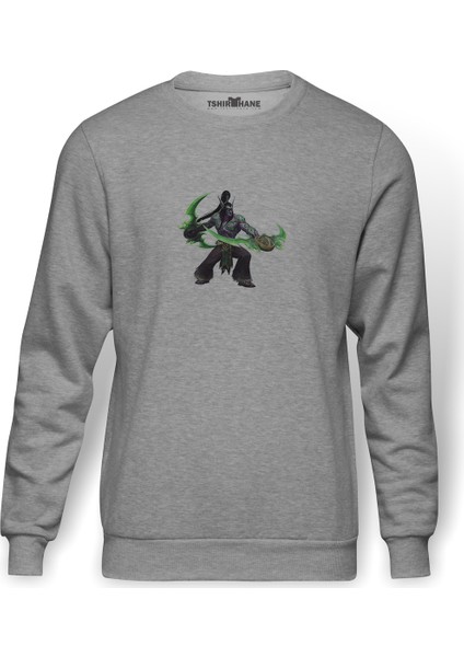 World Of Warcraft Illidan Stormrage 2 Baskılı Gri Erkek Örme Sweatshirt Uzun Kol