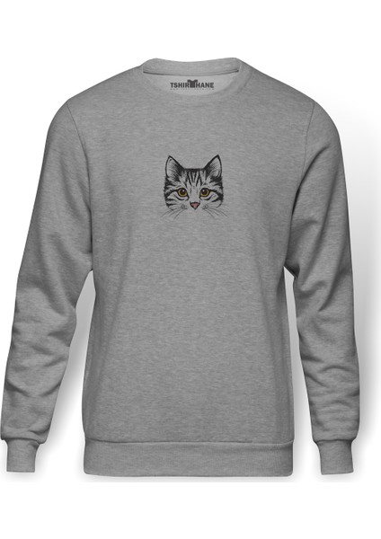 Yavru Kedi Dijital Illüstrasyon Kedi Yavru Baskılı Gri Erkek Örme Sweatshirt Uzun Kol