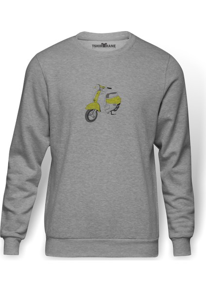 Yellow White Retro Scooter Baskılı Gri Erkek Örme Sweatshirt Uzun Kol